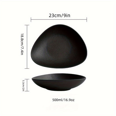 Set of 1 Triangle Japanese Style Ceramic Salad Bowl, 16.9 oz Microwave Safe Modern Matte Black Finish Novelty Serving Dish, Unique Fruit Salad Plate
