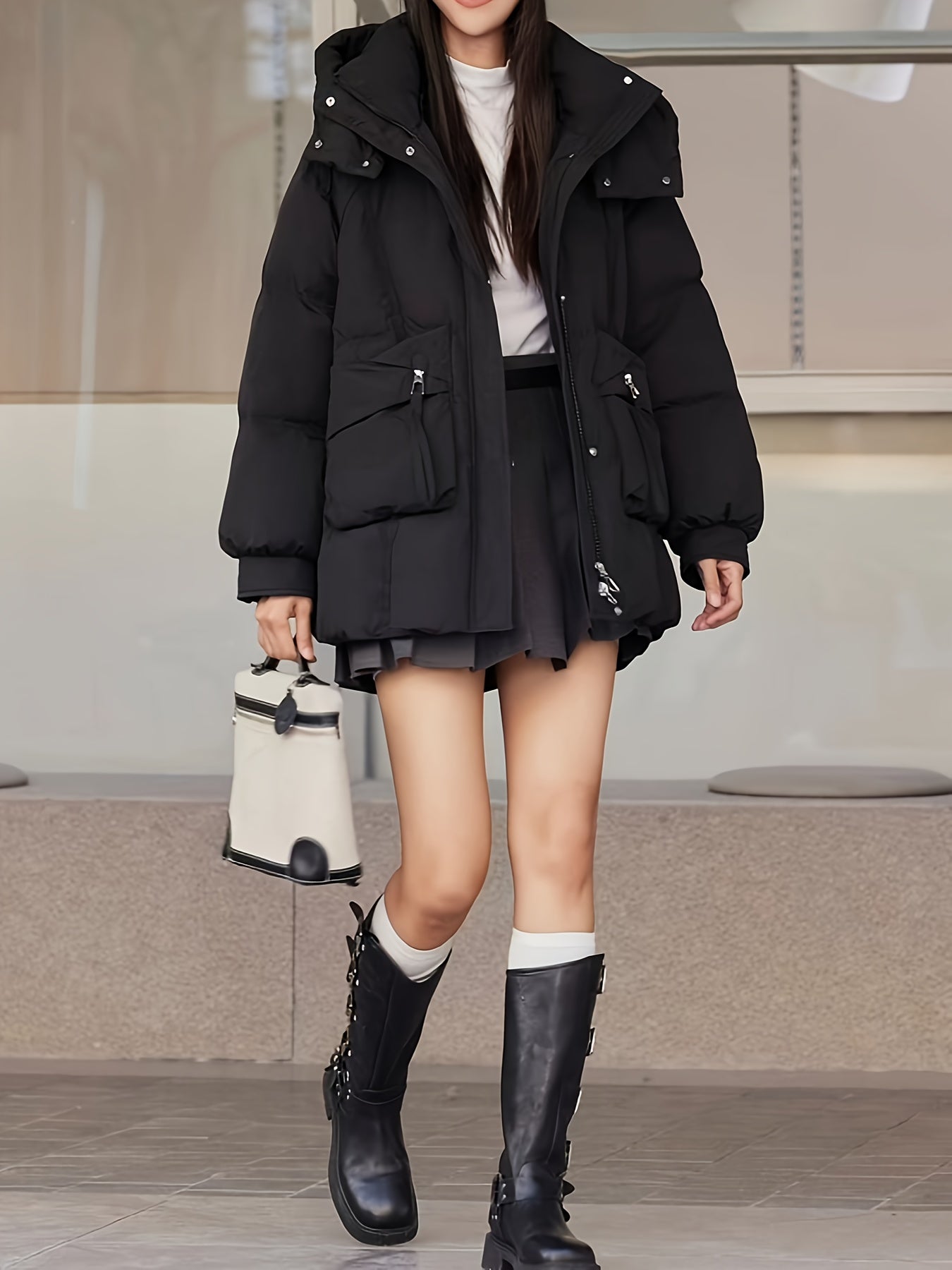 Women's Fashion Korean Style Mid-Length Puffer Coat, Thickened Warmth with Hood, Solid Color, Non-Stretch Polyester, Casual Loose Fit, Long Sleeve, Zipper Front, 180g Down, Winter Outerwear