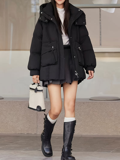 Women's Fashion Korean Style Mid-Length Puffer Coat, Thickened Warmth with Hood, Solid Color, Non-Stretch Polyester, Casual Loose Fit, Long Sleeve, Zipper Front, 180g Down, Winter Outerwear