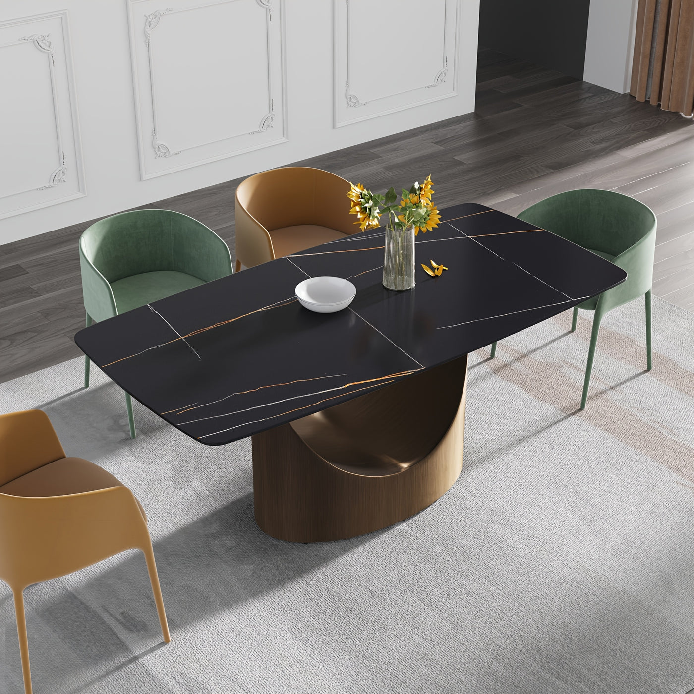 Modern Rectangle Marble Dining Table(Dining Table Only, Chairs Not Included), Marble Sintered Stone Top Dining Table, Rectangle Dining Room Table With Unique U-Shape Carbon Steel Pedestal For Kitchen/Living Room