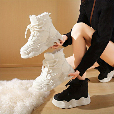 2024 Winter Fleece-Lined White Sneakers - Korean Style Insulated Women'S High-Top Lace-Up Shoes, Thick-Soled Casual & Sports Shoes with PU Upper, Rubber Sole, and Breathable Fabric Lining for Cold Weather Comfort, Casual Foot