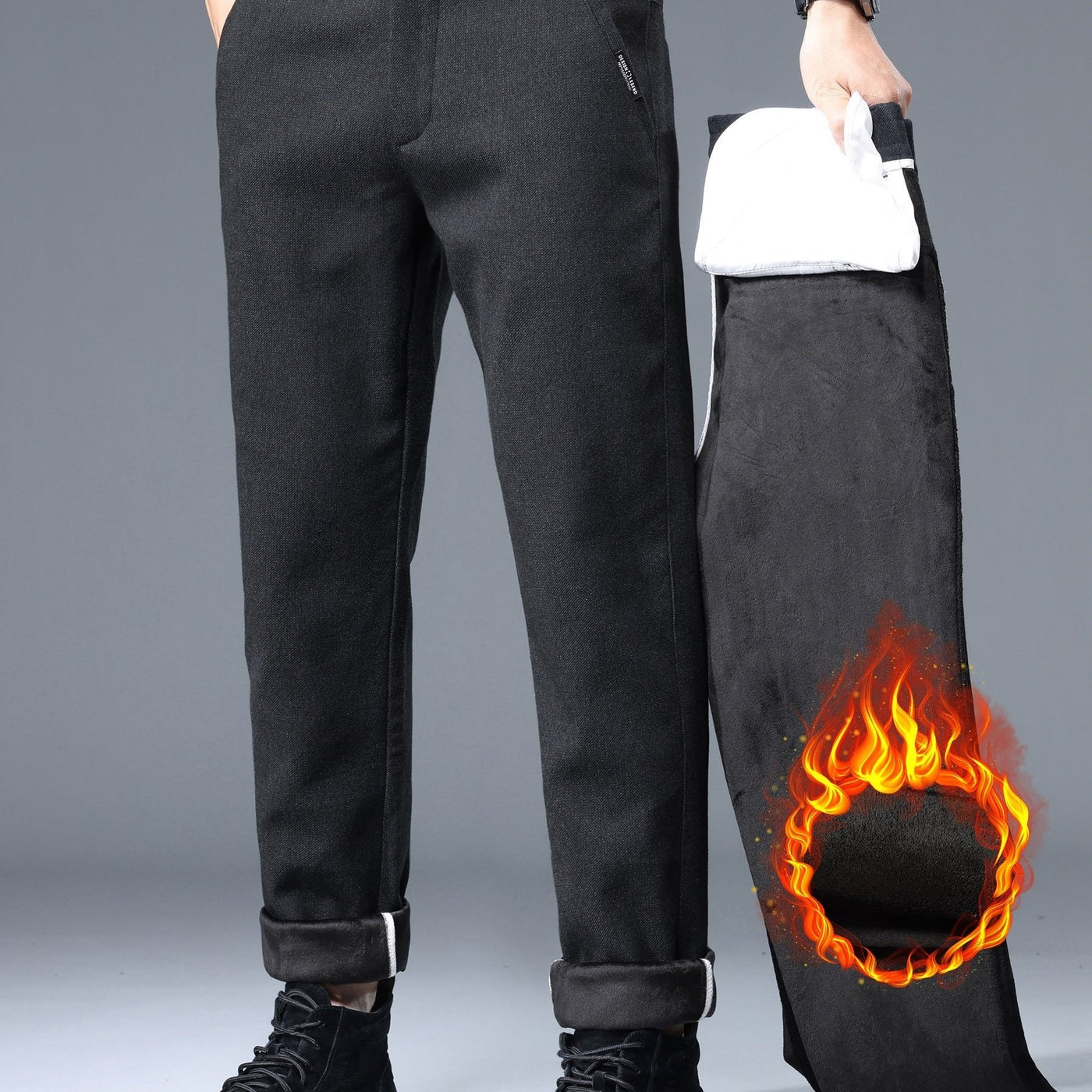 Men's Thermal Padded Slim Fit Trousers, 8891# Winter Woolen Men's Pants, Korean Style Business Casual, Polyester Blend, Regular Length, Zipper Closure, Straight Leg, Mid-Waist, Embroidery Detail, 420gsm