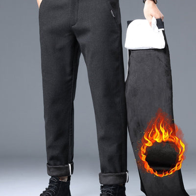Men's Thermal Padded Slim Fit Trousers, 8891# Winter Woolen Men's Pants, Korean Style Business Casual, Polyester Blend, Regular Length, Zipper Closure, Straight Leg, Mid-Waist, Embroidery Detail, 420gsm