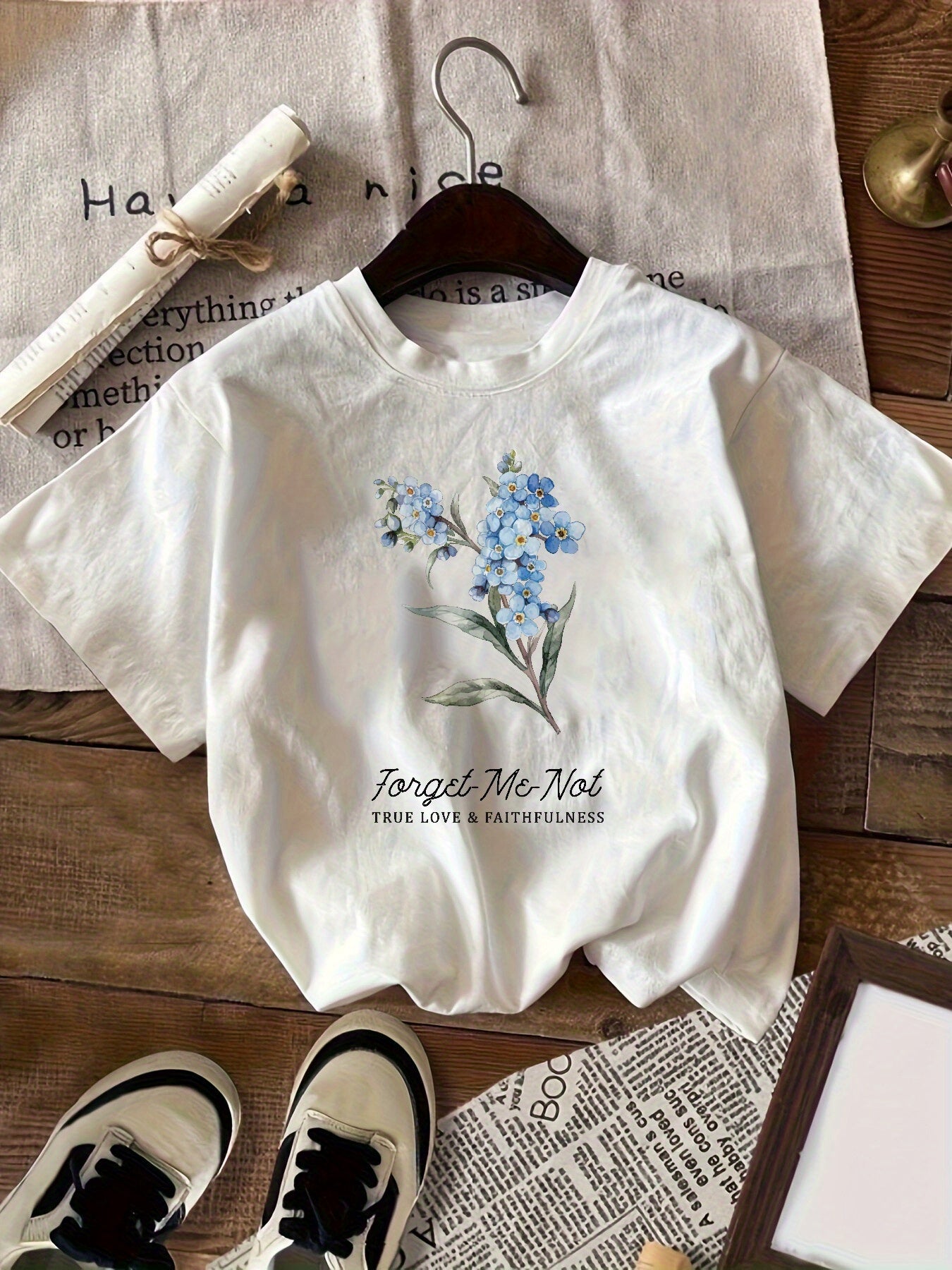 Women's White Casual Short Sleeve T-Shirt with Blue Forget-Me-Not Floral Print & Inspirational Quote - Round Neck Relaxed Fit, Breathable Medium-Stretch Fabric for Spring Summer Fall, Machine Washable, Ladies Tshirts, Spring