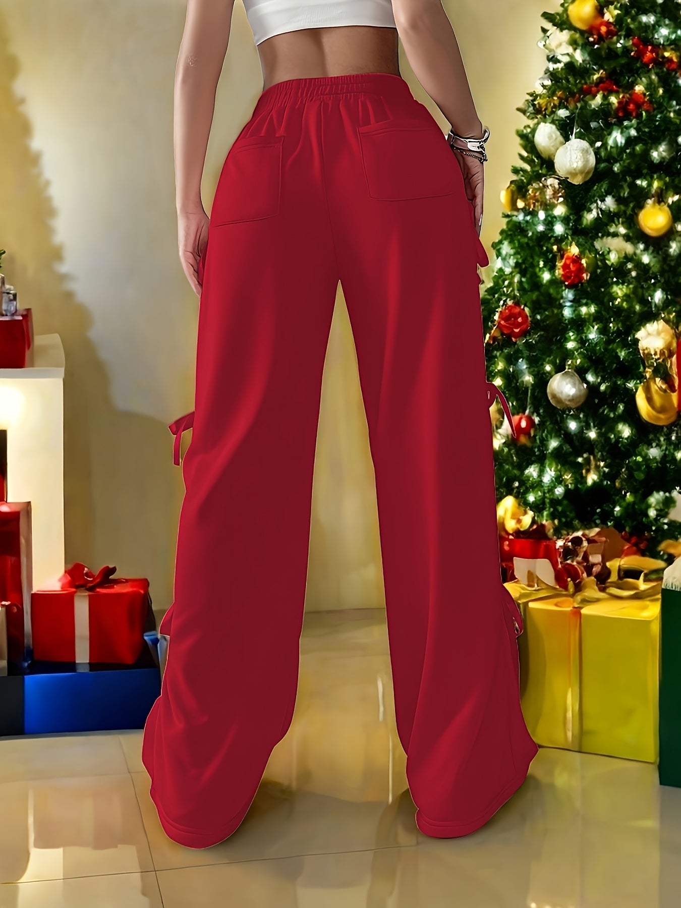 Straight-Leg Pants with Side Bow Tie & Back Pockets