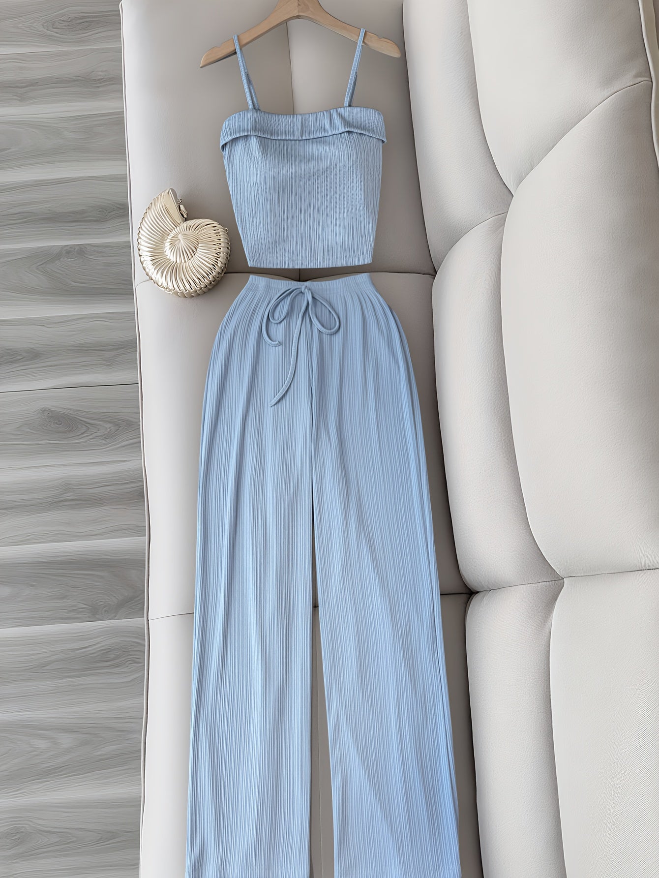 Elegant Light Blue Sleeveless Top & Wide-Leg Pants Set