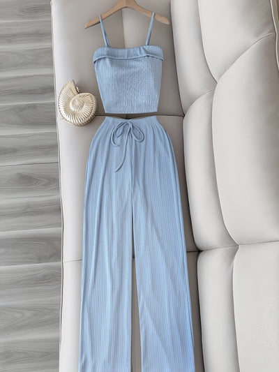 Elegant Light Blue Sleeveless Top & Wide-Leg Pants Set