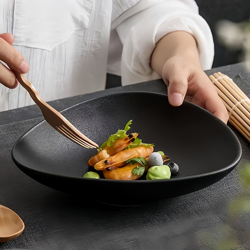 Set of 1 Triangle Japanese Style Ceramic Salad Bowl, 16.9 oz Microwave Safe Modern Matte Black Finish Novelty Serving Dish, Unique Fruit Salad Plate