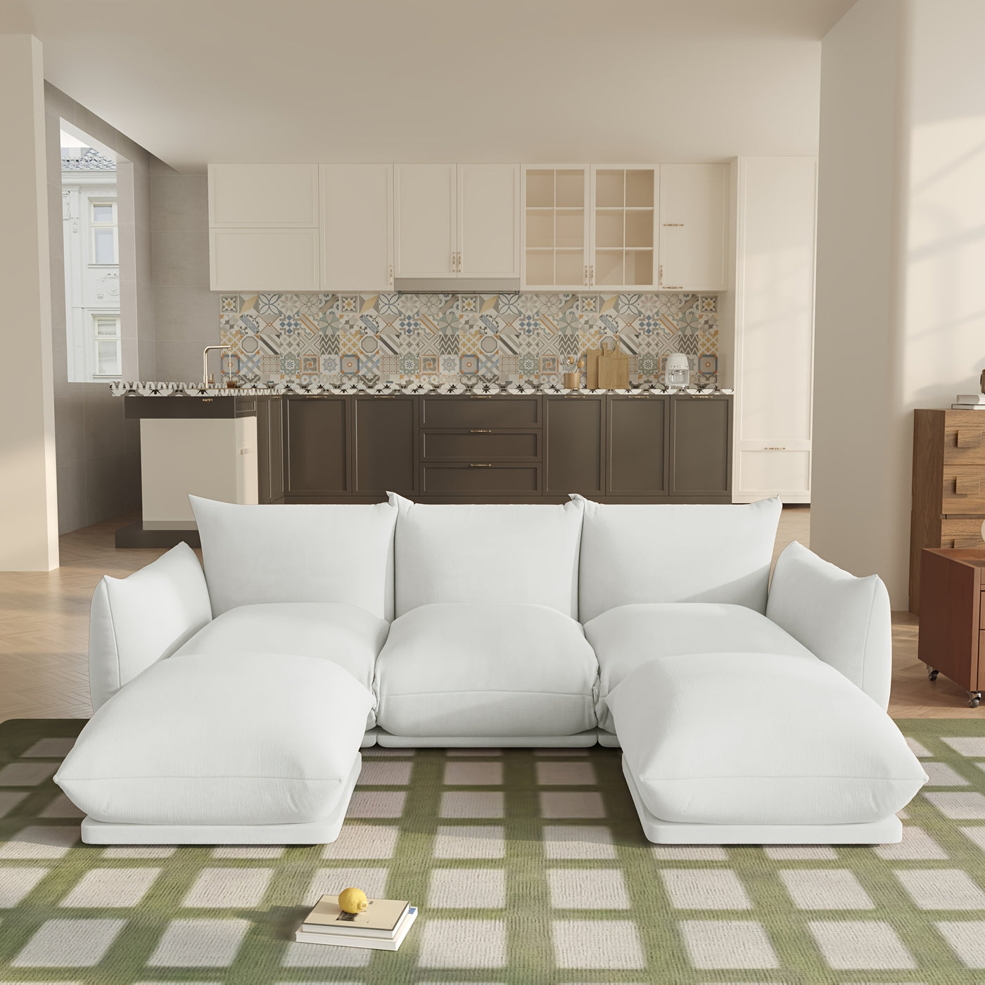 U-Shaped Sectional Sofa, Chenille Minimalist Modular Sofas Couches, 5-Seater Sectionals Couch With Wide Reversible Chaise Ottoman For Living Room Bedroom Office Apartment
