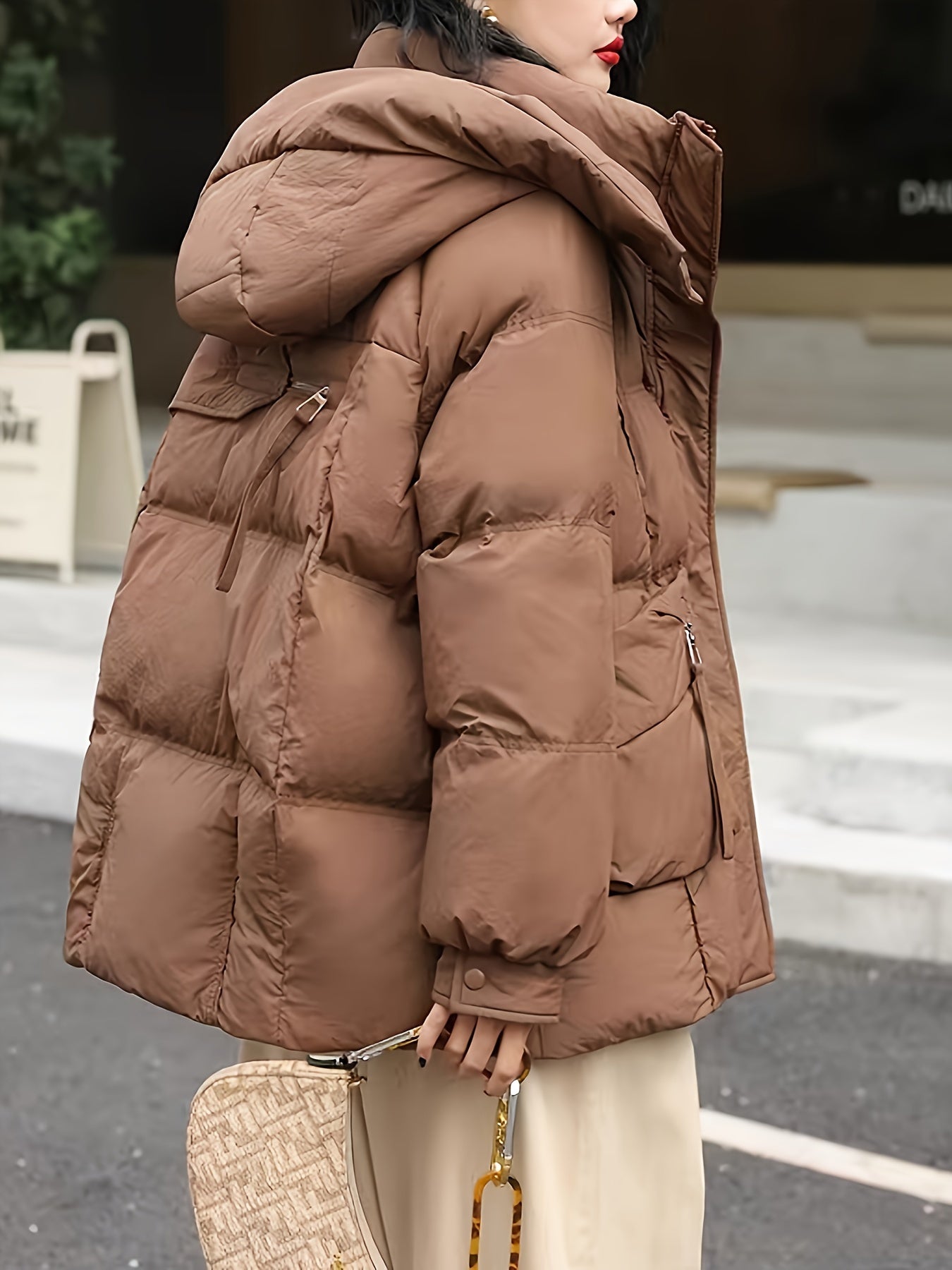 Women's Fashion Korean Style Mid-Length Puffer Coat, Thickened Warmth with Hood, Solid Color, Non-Stretch Polyester, Casual Loose Fit, Long Sleeve, Zipper Front, 180g Down, Winter Outerwear