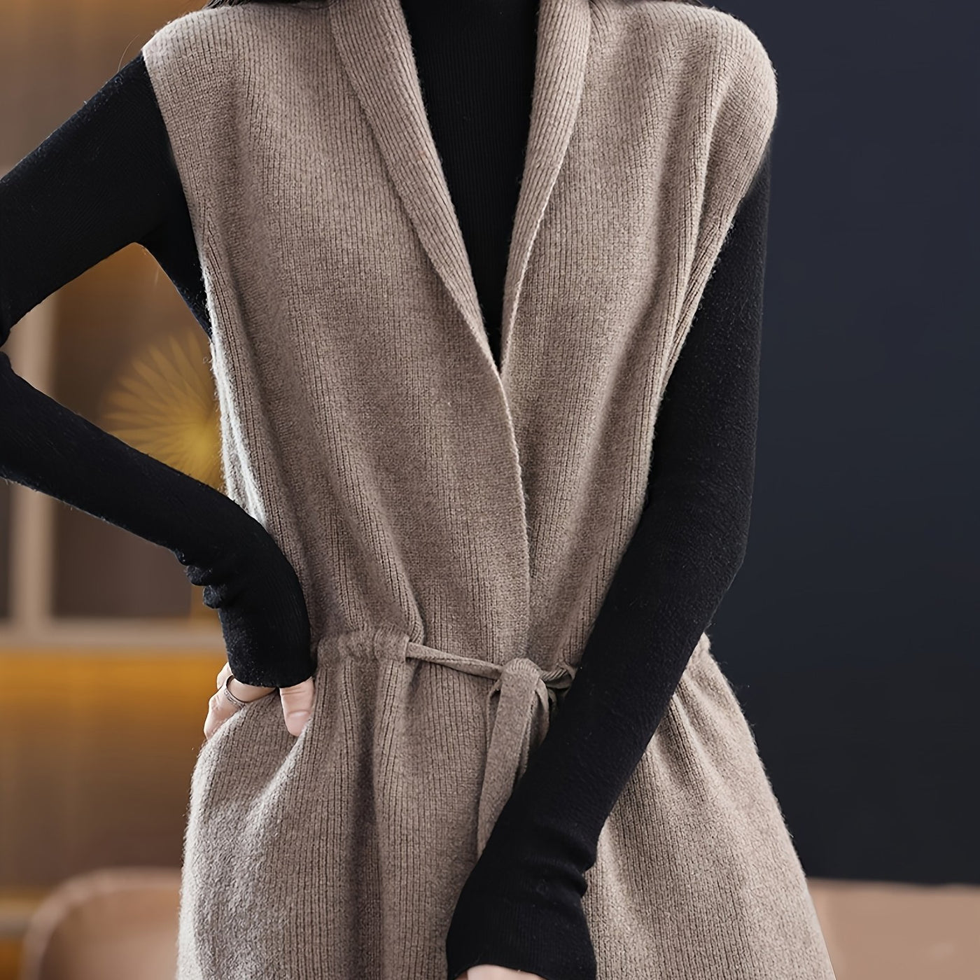 Women's Casual V-Neck Cardigan - Longline Open Front Vest with Adjustable Drawstring, Loose Fit Machine-Washable Textured for Spring/Fall Layering, Japanese Korean Fashion Style, Casual Attire, Relaxed Silhouette, Quality Sti