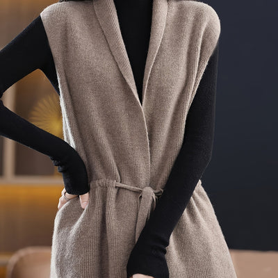 Women's Casual V-Neck Cardigan - Longline Open Front Vest with Adjustable Drawstring, Loose Fit Machine-Washable Textured for Spring/Fall Layering, Japanese Korean Fashion Style, Casual Attire, Relaxed Silhouette, Quality Sti