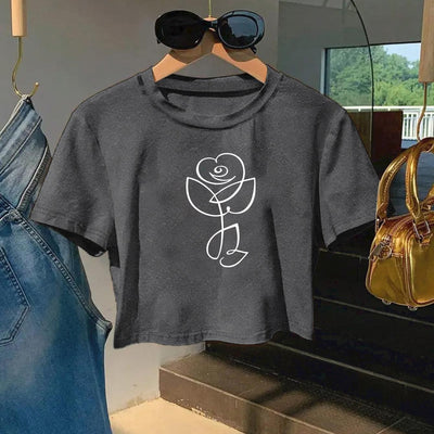 Red Rose Print Cropped T-Shirt
