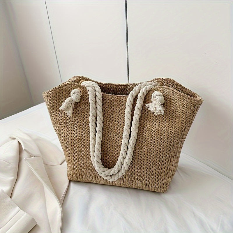 2024 Ladies Large Capacity Beach Bag Handbag, Versatile Fashion Korean Fashion Shoulder Bag, Pastoral Style Woven Bag