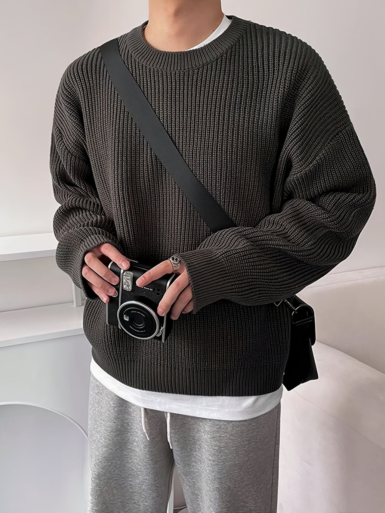 Men'S & Women'S Unisex Knit Sweater, Casual Crew Neck Pullovers, Rib-Knit Long Sleeve, All-Season Acrylic 100%, Loose Fit Solid Color, Medium Stretch, Japanese & Korean Style Streetwear