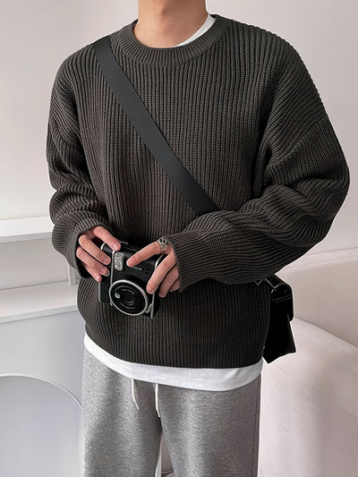 Men'S & Women'S Unisex Knit Sweater, Casual Crew Neck Pullovers, Rib-Knit Long Sleeve, All-Season Acrylic 100%, Loose Fit Solid Color, Medium Stretch, Japanese & Korean Style Streetwear