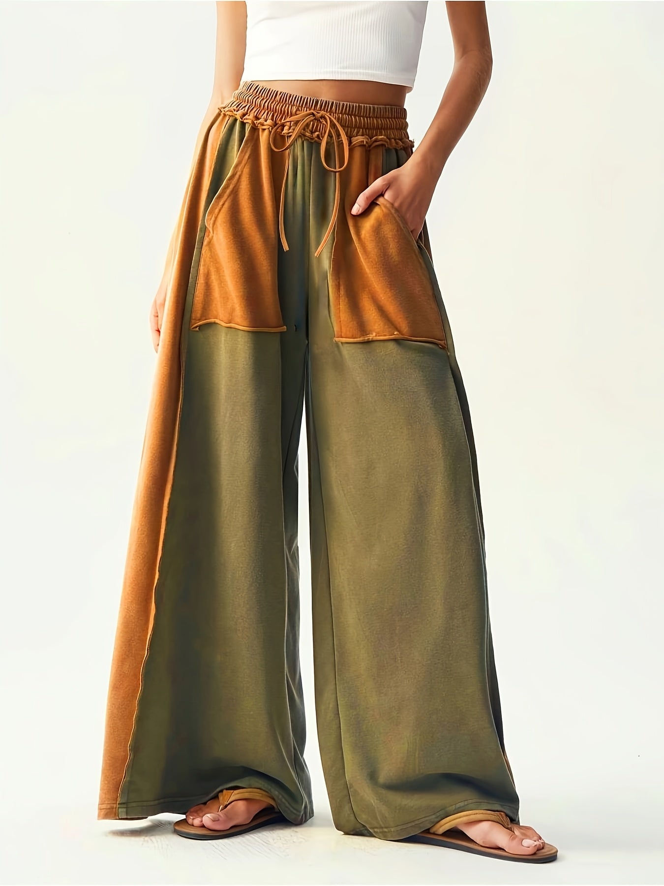High-Waisted Wide-Leg Pants with Two-Tone Patchwork
