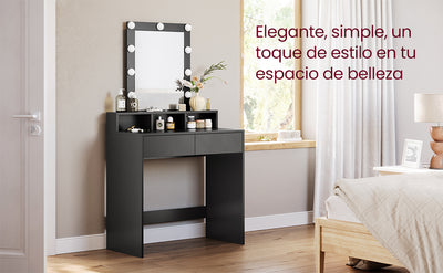 Tocador Moderno Negro con Luces LED de Brillo Ajustable, Mesa de Maquillaje con Espejo, 2 Cajones y 3 Compartimentos