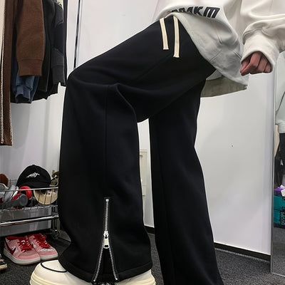 Men'S Casual Straight Leg Pants with Side Zipper, All-Season Korean Style Loose Fit, Slimming Polyester 100% Woven Fabric, 160gsm Lightweight, Regular Length, for Teens - Vibe American Trendy Split Ankle Trousers