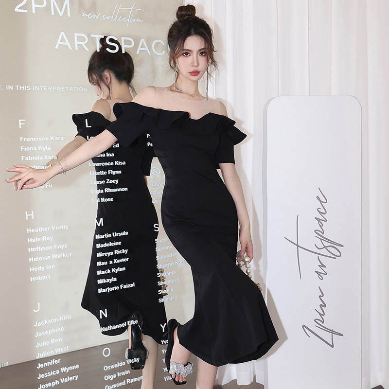 Net Falbala Stitching Black Dress Temperament