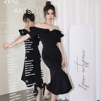 Net Falbala Stitching Black Dress Temperament