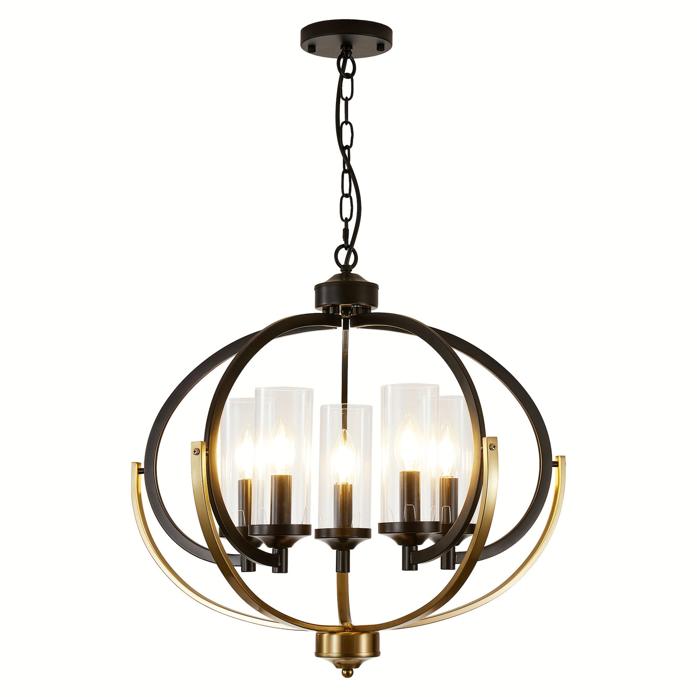 5-Light Black And Golden Chandelier, 24" Farmhouse Dining Room Light Fixture, Adjustable Hanging Ceiling Lantern Pendant Light, with Glass Shade Globe Chandeliers, for Kitchen, Bedroom, Foyer, Chandelier For Dining Room, Chan