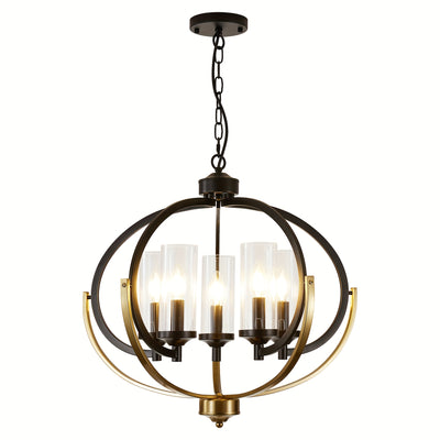 5-Light Black And Golden Chandelier, 24" Farmhouse Dining Room Light Fixture, Adjustable Hanging Ceiling Lantern Pendant Light, with Glass Shade Globe Chandeliers, for Kitchen, Bedroom, Foyer, Chandelier For Dining Room, Chan