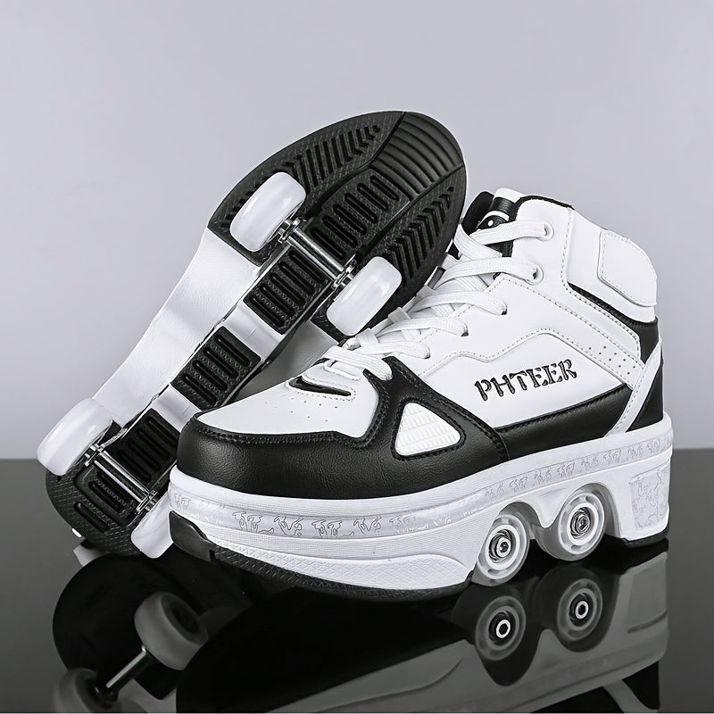 Unisex Roller Skates for Adults & Teens - 4-Wheel Retractable Design, White & Black Checkered Pattern, Synthetic Synthetic Faux Upper, TPR Sole, Lace-Up Closure, All-Season Outdoor Sports & Casual Wear, Roller Skates for Adul