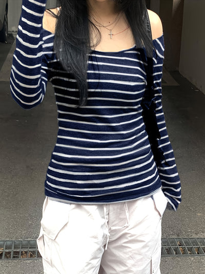 Japanese and Korean Special Targeted Elegant Basic Large Round Neck Slimming Long Sleeve Striped Top