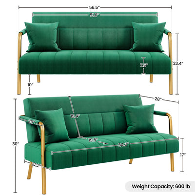 Costoffs Velvet Fabric Sofa Couch, 56.5″ W Modern Loveseat Couch with Gold-tone Metal Arms, Legs & 2 Pillows, Sofa for Living Room, Bedroom Furniture, Halloween Gift, Pink/Green/Gray