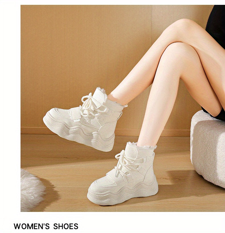 2024 Winter Fleece-Lined White Sneakers - Korean Style Insulated Women'S High-Top Lace-Up Shoes, Thick-Soled Casual & Sports Shoes with PU Upper, Rubber Sole, and Breathable Fabric Lining for Cold Weather Comfort, Casual Foot