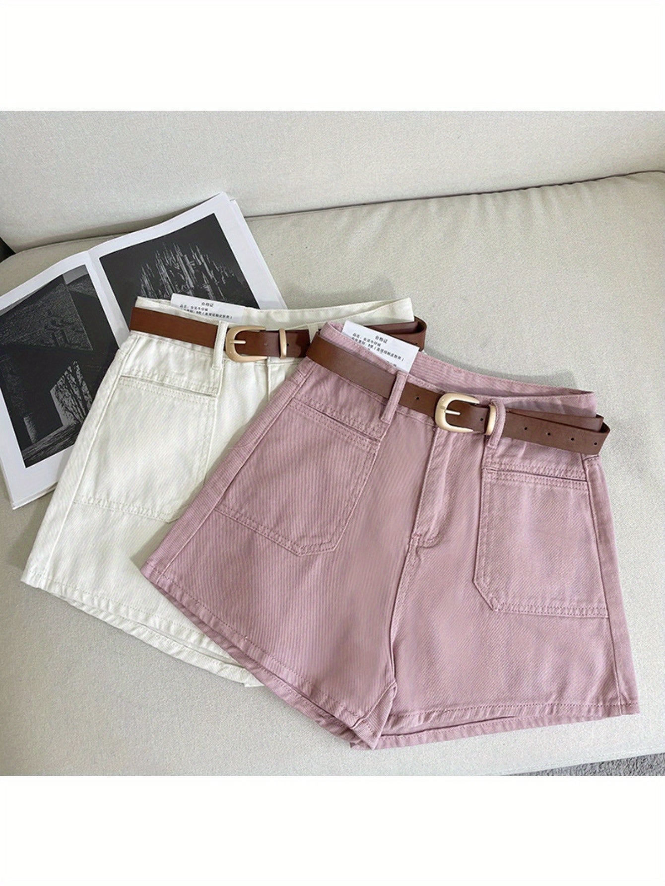 Women's High-Waisted A-Line Denim Shorts - Summer 2024 Fashion, Versatile Korean Style Wide-Leg Hot Pants, White & Pinkish-Beige Jean Shorts with Adjustable Belt, Casual Streetwear for Women, Adjustable Fit Shorts | Buckle De