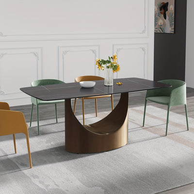 Modern Rectangle Marble Dining Table(Dining Table Only, Chairs Not Included), Marble Sintered Stone Top Dining Table, Rectangle Dining Room Table With Unique U-Shape Carbon Steel Pedestal For Kitchen/Living Room