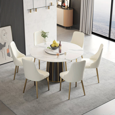 Round Dining Table - Marble Dining Room Table Round Kitchen Table for 4 to 6 (Dining Table Only, Chairs Not Included), Glossy Sintered Stone Tabletop with Metal Base Circle Dining Table for Kitchen
