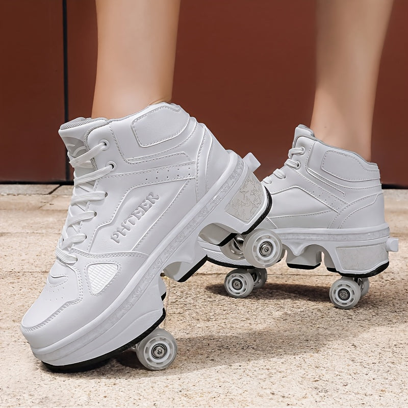 Unisex Roller Skates for Adults & Teens - 4-Wheel Retractable Design, White & Black Checkered Pattern, Synthetic Synthetic Faux Upper, TPR Sole, Lace-Up Closure, All-Season Outdoor Sports & Casual Wear, Roller Skates for Adul