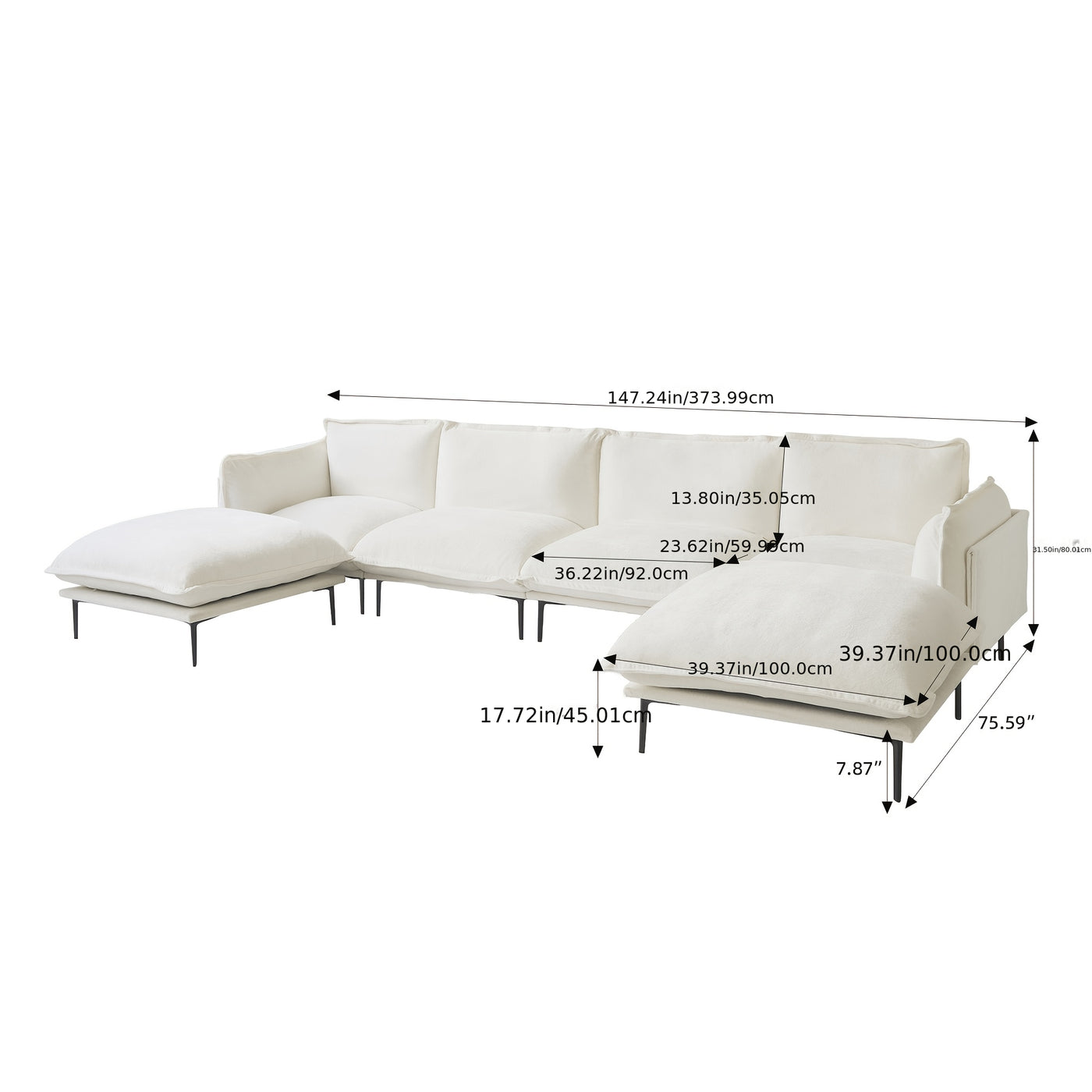 Modern Minimalist Upholstered Couches, U Shape Cloud Modular Sectional Sofa with 2 Ottoman, Comfort Deep Seat U Shaped Couch for Living Room
