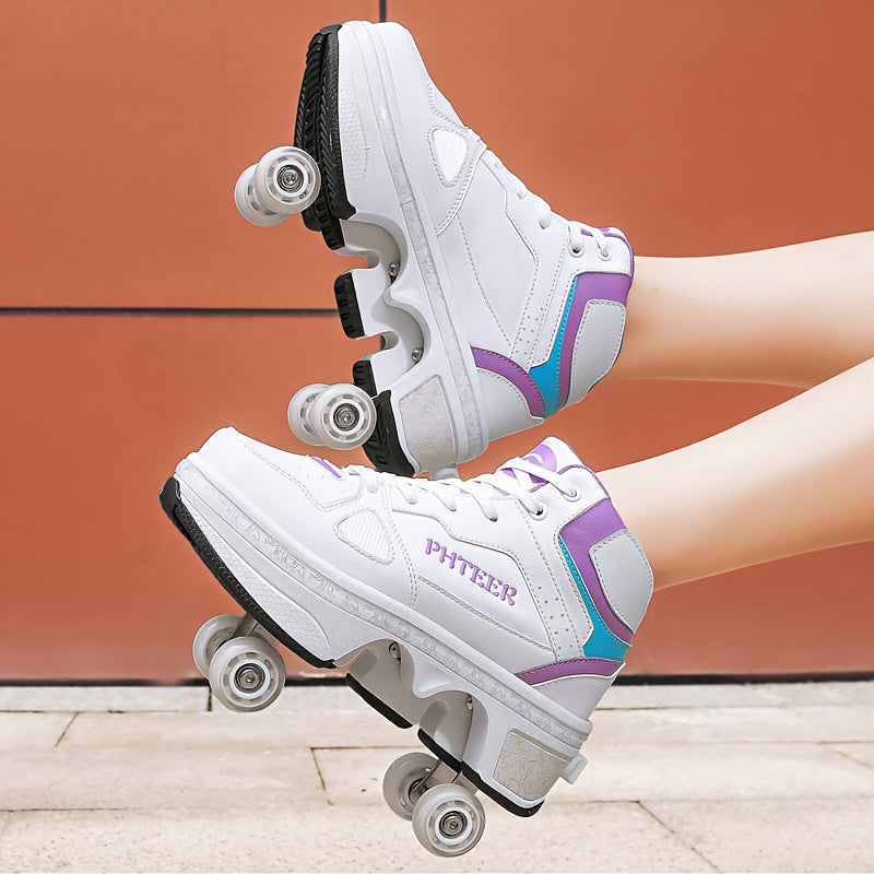 Unisex Roller Skates for Adults & Teens - 4-Wheel Retractable Design, White & Black Checkered Pattern, Synthetic Synthetic Faux Upper, TPR Sole, Lace-Up Closure, All-Season Outdoor Sports & Casual Wear, Roller Skates for Adul
