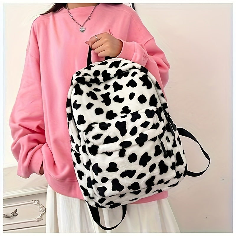 Women'S Cow Print Fleece Backpack, Korean Style Casual Shoulder Bag, Polyester Lining, Adjustable Straps, Zip Closure, Lightweight, Random Print, Versatile for School & Outings