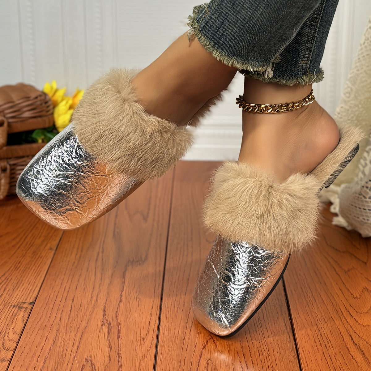 Versatile Korean Style Furry Square Head Flat Slippers - Women's Shoes for Outdoor and Indoor Wear xyns-2866