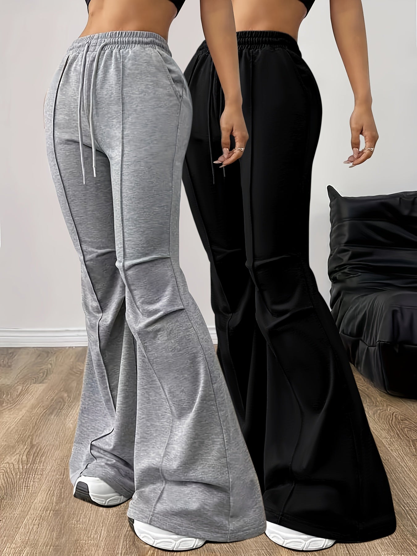 Solid Color Casual Pants Set, High Waist Drawstring Flare Pants Outfit for Women