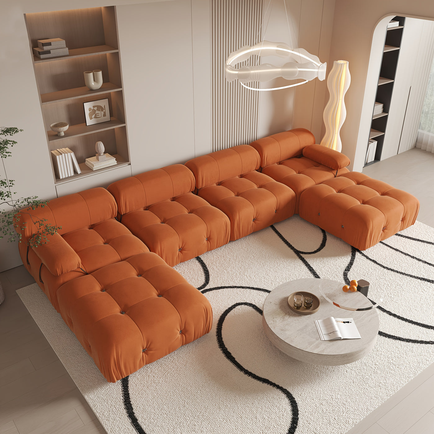 U-Shaped Minimalist Velvet Sofas, 138.6" Convertible Modular Sectional Couch, Modern Comfy Sectional Couches with 2 Chaise Ottomans for Living Room Office Apartment