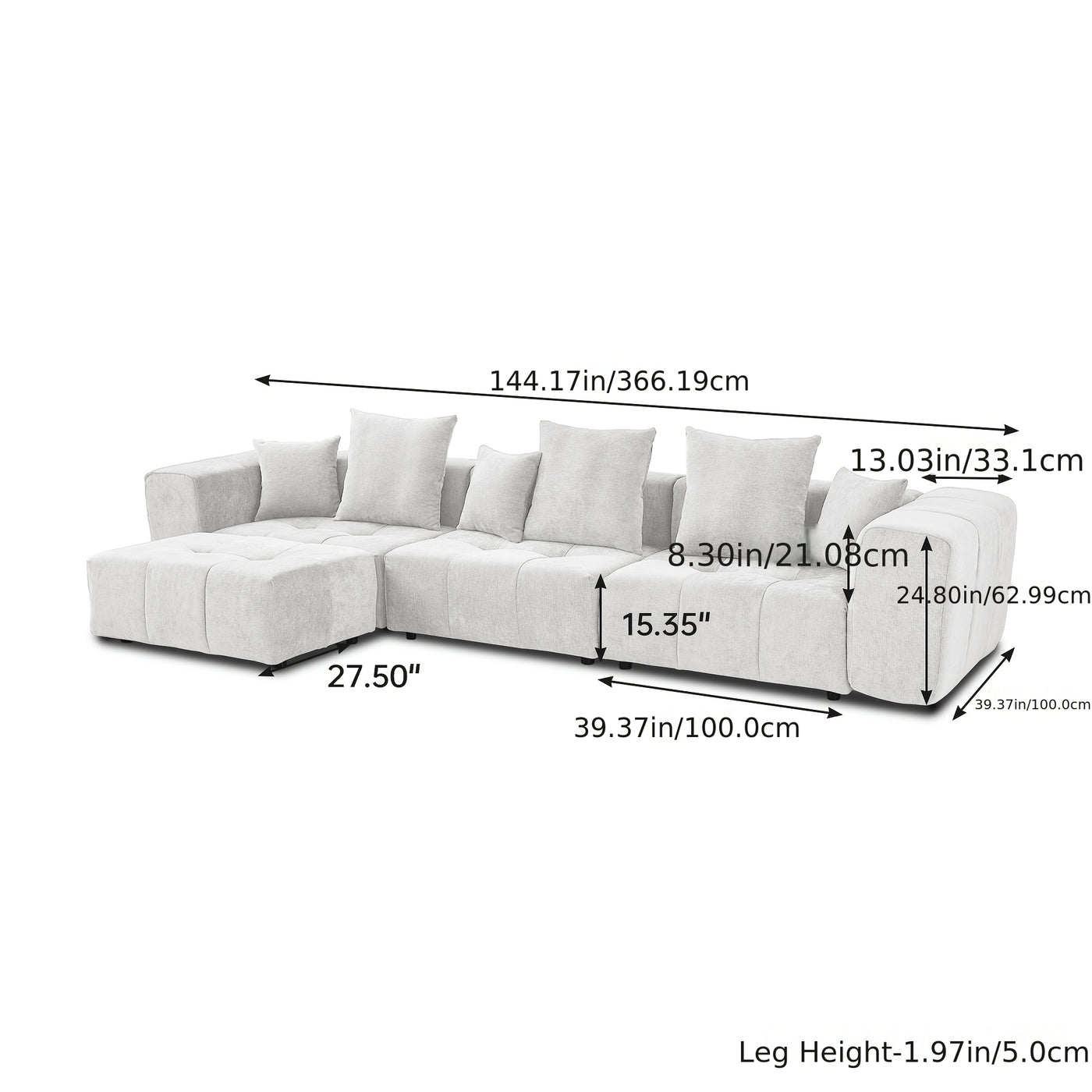 144" Modern White Linen Modular Sectional Sofa with 2 Ottomans - 3-Seater L-Shaped or U-Shaped Configurations, Plush Cushioned Deep Seat, Hardwood Frame & Chenille Fabric, Removable Washable Cover, Neutral-Toned Living Room C