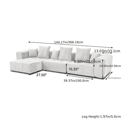 144" Modern White Linen Modular Sectional Sofa with 2 Ottomans - 3-Seater L-Shaped or U-Shaped Configurations, Plush Cushioned Deep Seat, Hardwood Frame & Chenille Fabric, Removable Washable Cover, Neutral-Toned Living Room C
