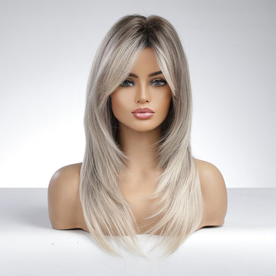 [Ombre Gray Heat Resistant Wig] Heat Resistant Long Straight Ombre Gray Wig - Elegant Women's Layered Synthetic Wig with Rose Net Cap for Daily Use & Cosplay