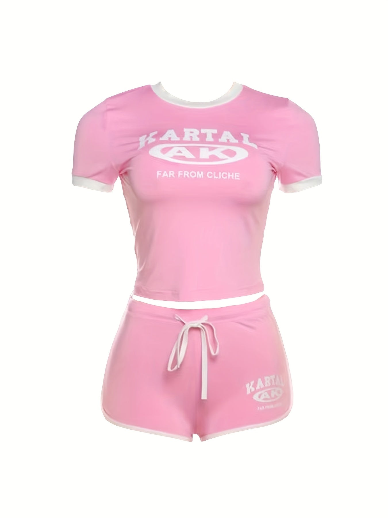Women'S Y2K Style Pink Letter Print Shorts Set - Casual Top with Drawstring Waistband, Polyester, Casual Attire|Y2K Fashion|Polyester Fabric