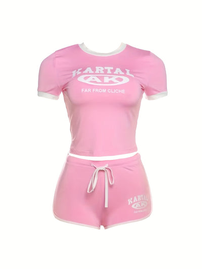 Women'S Y2K Style Pink Letter Print Shorts Set - Casual Top with Drawstring Waistband, Polyester, Casual Attire|Y2K Fashion|Polyester Fabric
