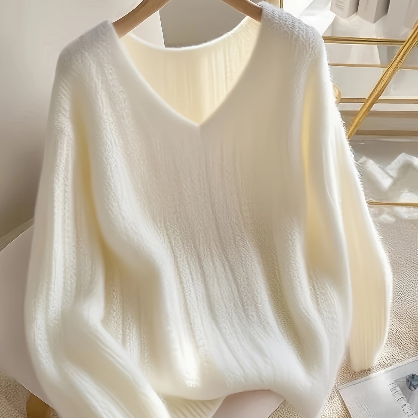 Women's Elegant V-Neck Cable- Sweater - Soft White Oversized Long Sleeve Pullover, Cozy All-Season Casual to Formal Wear, Easy-Care Hand Wash/Dry Clean, Versatile Layering Piece for Fall Winter Summer Outfits, Cozy Sweaters f