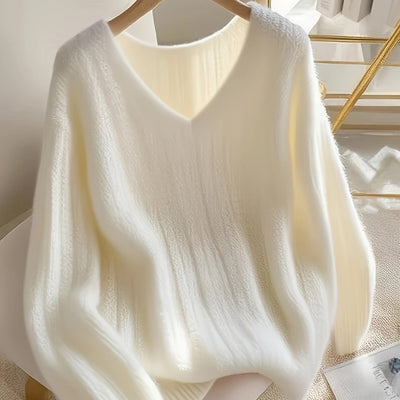 Women's Elegant V-Neck Cable- Sweater - Soft White Oversized Long Sleeve Pullover, Cozy All-Season Casual to Formal Wear, Easy-Care Hand Wash/Dry Clean, Versatile Layering Piece for Fall Winter Summer Outfits, Cozy Sweaters f