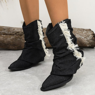 Women'S Slip-On Ankle Boots with Fringe Detail - Round Toe Low Block Heel, Microfiber Cover & Rubber Sole, Comfortable Casual to Dressy Shoes for Casual Attire, Stylish Footwear, Durable Construction, Fashion Lovers
