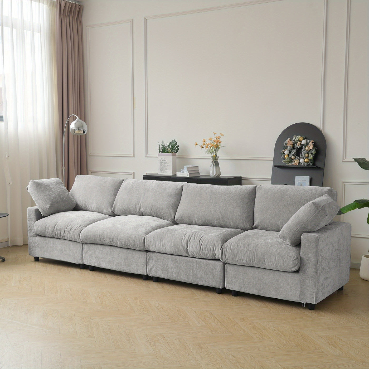 134" Extra Long Modular Sectional Sofa - 4-Seater Convertible L-Shaped Couch with Chaise Lounge, Washable Fabric Upholstery & Plush Cushions, Modern Minimalist Black Sectional Sofa for Large Living Room, Apartment, Open-Conce
